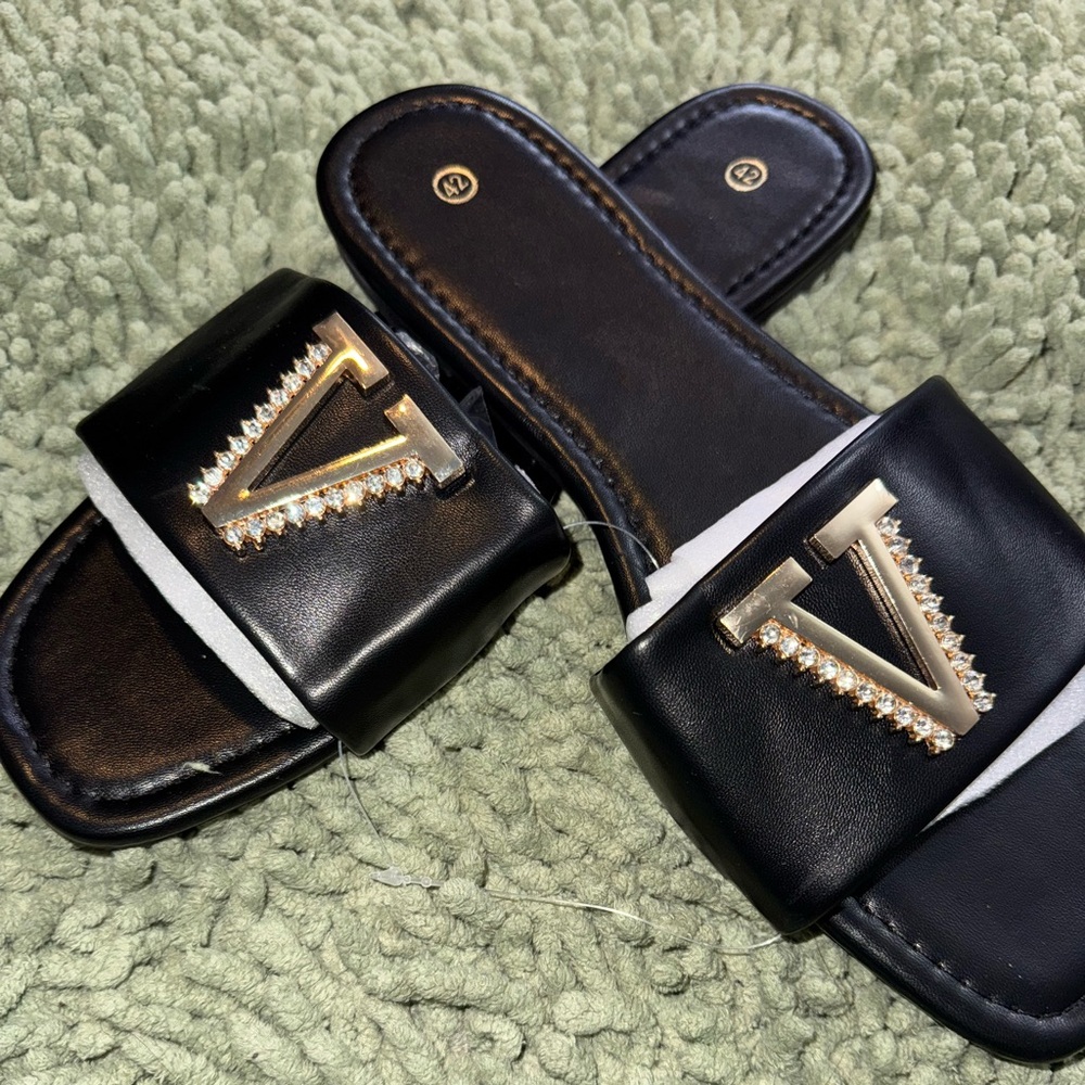 Black Slide Sandals with Gold V Logo